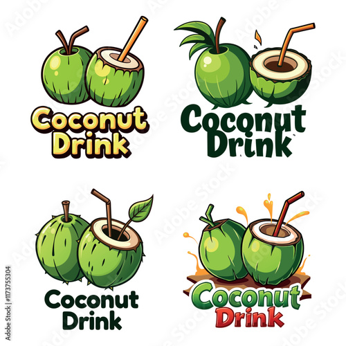 Coconut drink logo with fresh green coconuts and straws, perfect for tropical beverage branding, juice bars, and organic drink packaging, refreshing and natural style