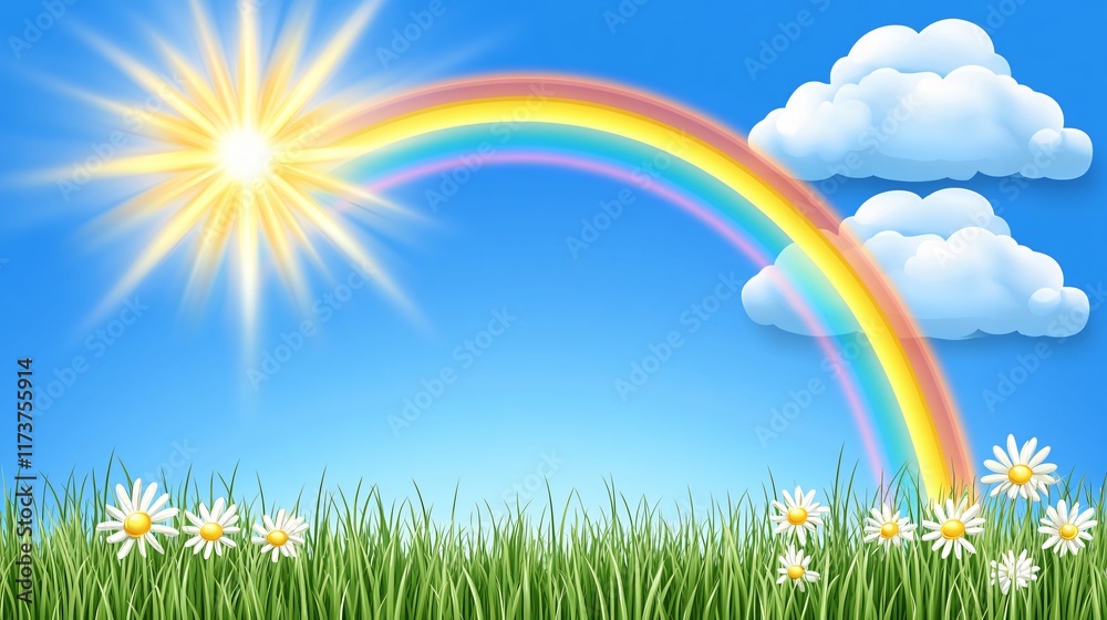 Sunny Rainbow Over Green Grass and Daisies Sunny Rainbow Over Green Grass and Daisies