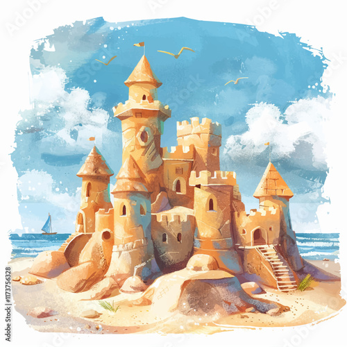 Vector illustration sand castle on the seashore, illustration for a children's book, postcard
