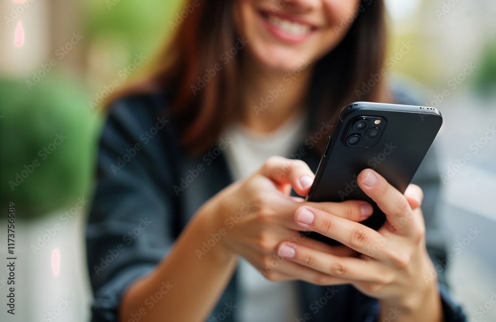Fototapeta premium Woman uses smartphone outdoors. Closeup view of person holding, looking at modern smartphone. Person happy, confidently interacting with digital device. Lifestyle photo modern tech, communication.