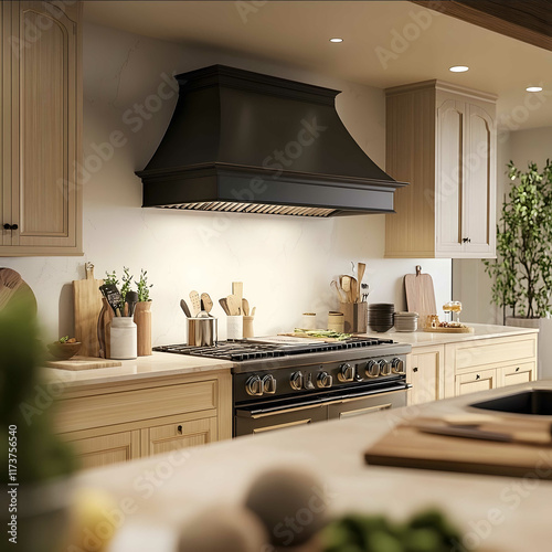 Create a hyperrealistic image of a modern Spanishinspired kitchen The design should feature an efficient layout with distinct areas for cooking preparation and storage photo