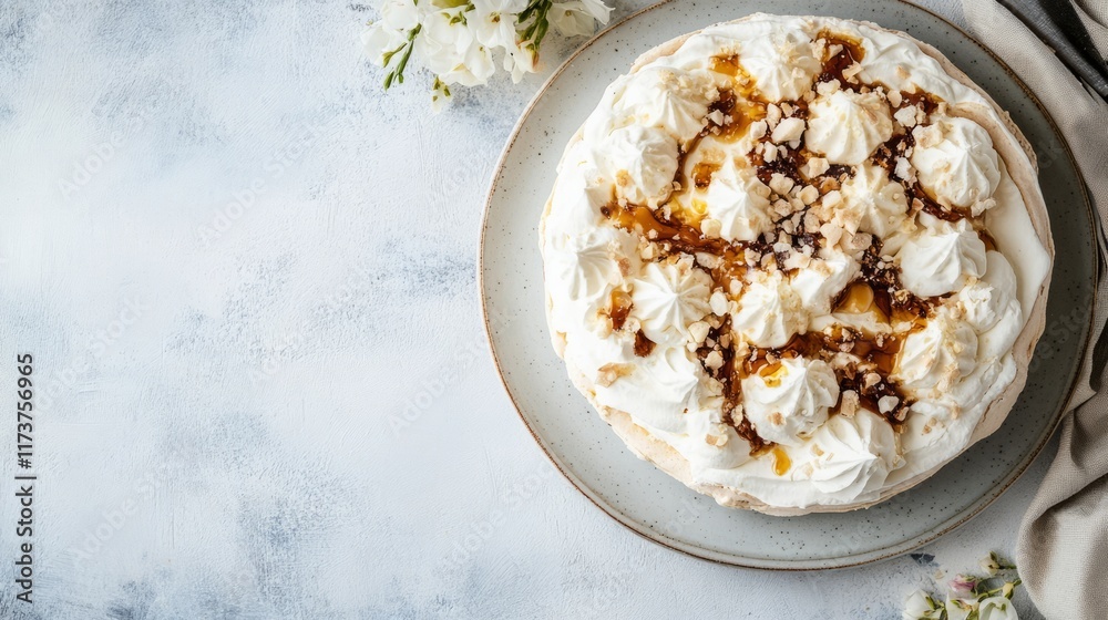 Pavlova with Caramelized White Chocolate Bark With Copy Space 