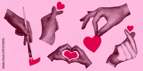 heart, love, hand, valentine, vector, day, isolated, set, print, hands, woman, symbol, romance, shape, holding, red, finger, care, concept, palm, sign, giving, illustration, pink, gift, health, romant