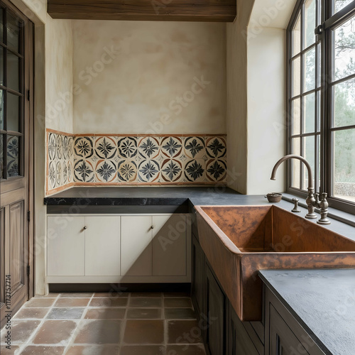 farmhouse kitchen with copper sink soapstone counters Moroccan tile backsplash and limestone tile floors