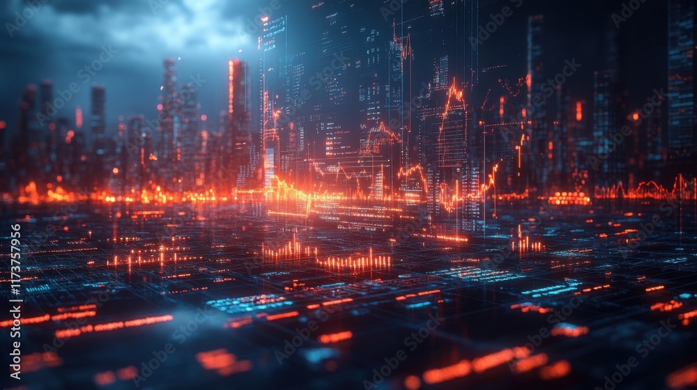 Naklejka premium Futuristic city skyline with digital data overlay.