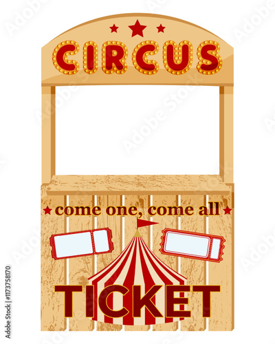 Circus Ticket Bbooth Selling Tickets. Wooden circus ticket booth selling tickets  for the show with big top and marquee sign.