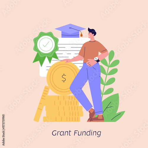 Person taking grant money. Form of financial aid. Student pay education loan. Concept of grant certificate, university and college fee, study fund, scholarship money. Vector illustration