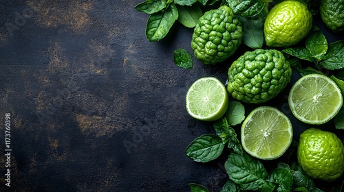 Fresh limes and bergamots arranged with mint leaves on a dark stone surface