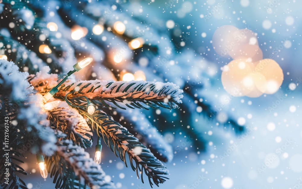 Christmas background, Snowy pine branch with warm lights. (7) Christmas background, Snowy pine branch with warm lights. (7)