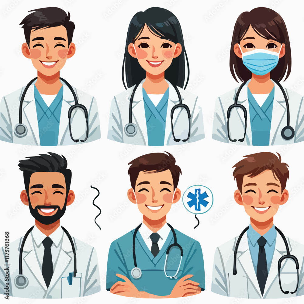 Set of smiling doctors, nurses and paramedics. Portraits of male and female medic workers in uniform with stethoscopes, masks and gloves. Flat cartoon vector illustration isolated on white background Set of smiling doctors, nurses and paramedics. Portraits of male and female medic workers in uniform with stethoscopes, masks and gloves. Flat cartoon vector illustration isolated on white background