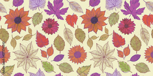 Floral, Leaves, handmade patterns with seamless leaf and flower arrangements in vector repeat, crafted for delightful gift wraps, textiles, and decorative wallpaper.