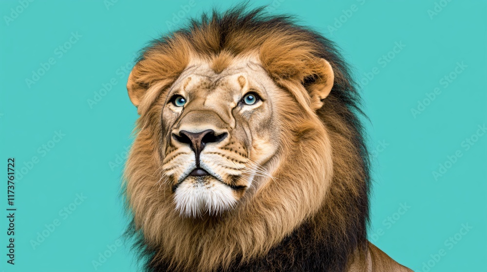 Obraz premium Majestic Male Lion Portrait Against Turquoise Background
