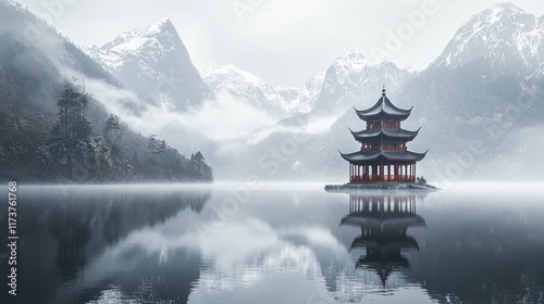 Wallpaper Mural Serene Pagoda on Misty Lake in Snowy Mountains Torontodigital.ca