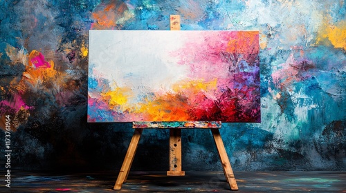 Colorful abstract painting on easel in vibrant art studio with textured background