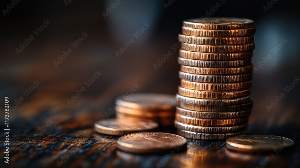 A stack of coins with some scattered around on a wooden surface. A stack of coins with some scattered around on a wooden surface.