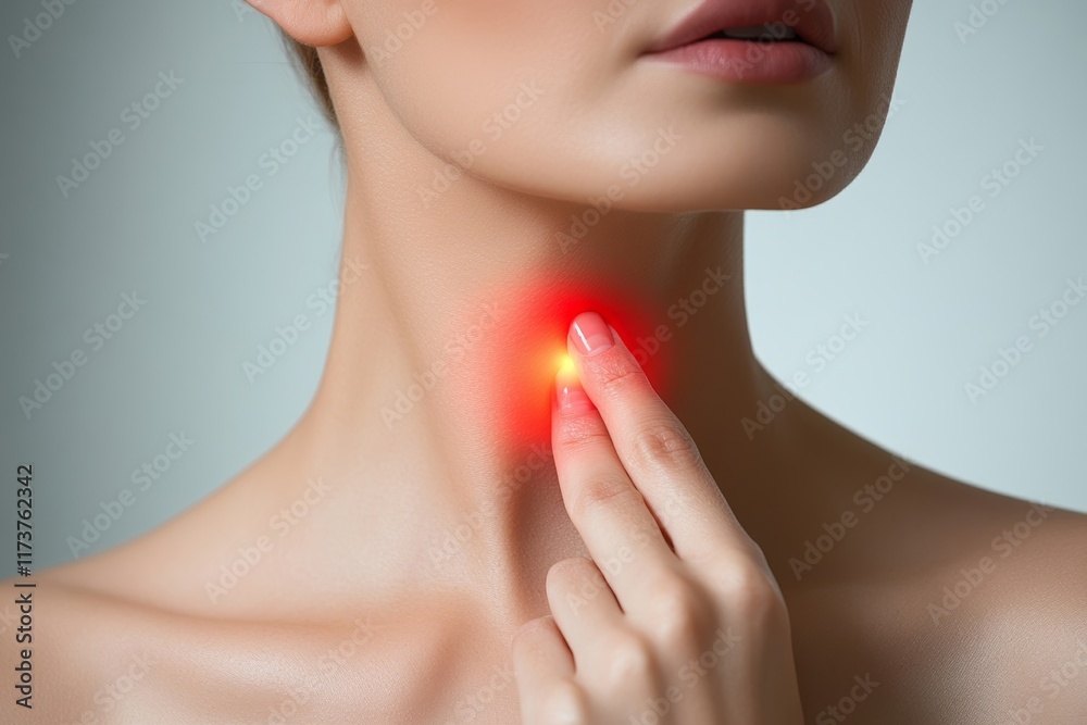 Woman touching at her neck and feeling hurt in her throat from influenza virus. Generative AI Woman touching at her neck and feeling hurt in her throat from influenza virus. Generative AI