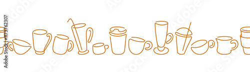 Coffee, tea cup pattern. Art line seamless border