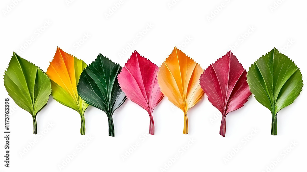 Fototapeta premium Colorful leaves arranged in a row against a white background, showcasing autumnal colors; ideal for seasonal designs or nature-themed projects.