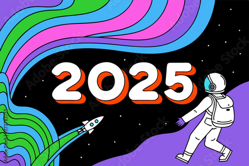 Happy New Year 2025: Retro Space Astronaut Illustration - Colorful Vector Design.