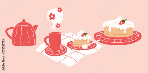 Slice of Cake with Strawberry and Cream, Tea Cup, Teapot, and Whole Cake