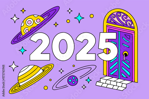 2025 Happy New Year: Cosmic Planets & Doorway - Vibrant Illustration.