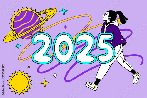 Happy New Year 2025: Colorful Cosmic Girl Walking Towards New Year.