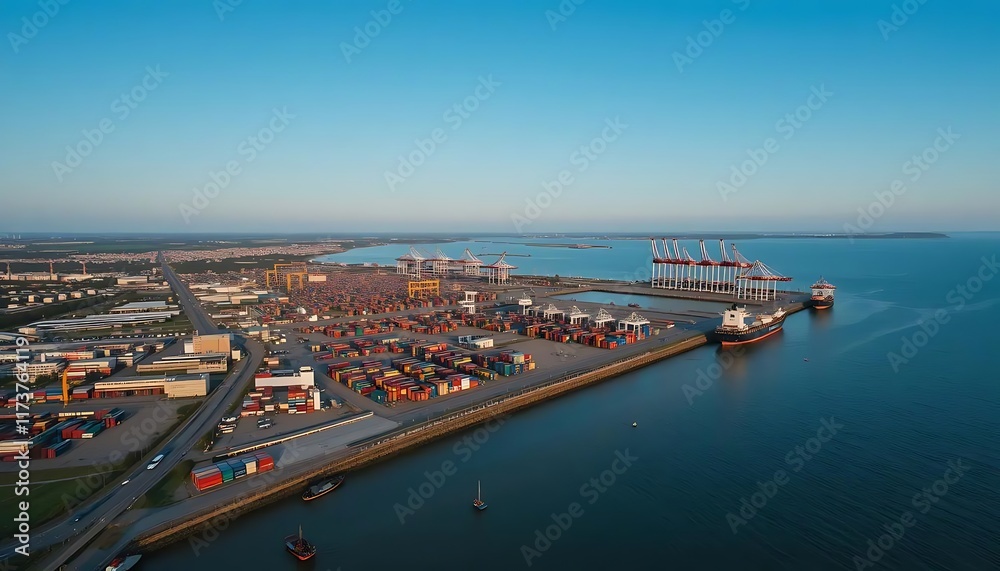 Aerial View of a Busy Container Port and Cargo Ships Aerial View of a Busy Container Port and Cargo Ships
