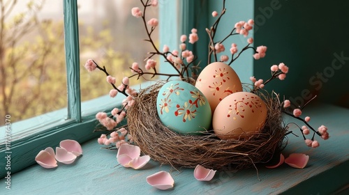easter egg decoration, hand-painted eggs rest in a soft nest under a sunny easter sky, with petals scattered about and a view of a bright window, celebrating springs vibrancy