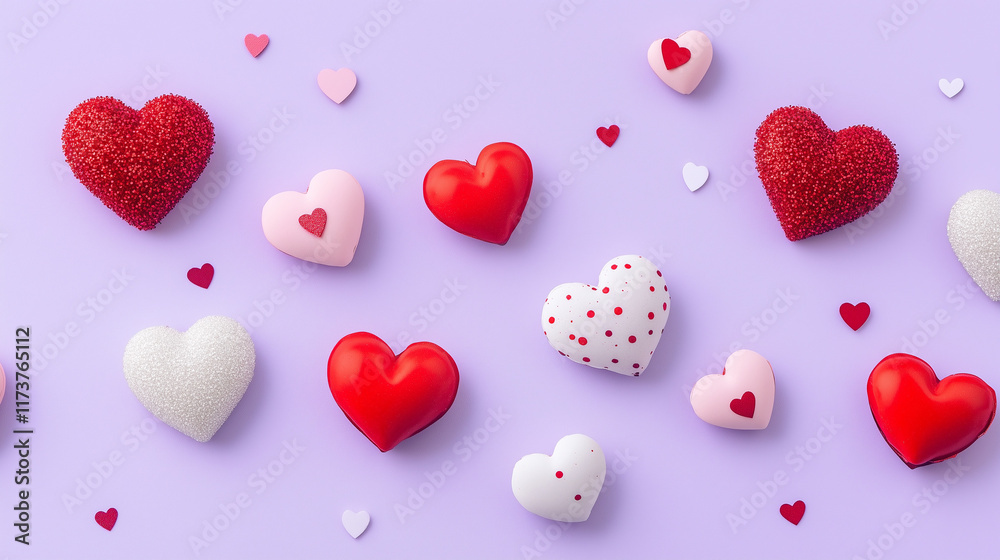 Obraz premium Valentine's Day Pattern Background – Cute Pink & Red Hearts on Light Purple with Glitter Sparkles, Perfect for Cards, Invitations, Gift Wrap, and Romantic Decoration