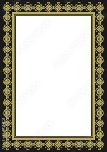 Golden ornamented frame A4 size on a black background. Vector illustration