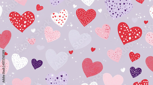 Valentine's Day Pattern Background – Cute Pink & Red Hearts on Light Purple with Glitter Sparkles, Perfect for Cards, Invitations, Gift Wrap, and Romantic Decoration