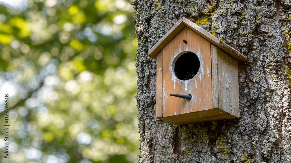 Rustic Wooden Birdhouse on Tree Trunk in Nature Rustic Wooden Birdhouse on Tree Trunk in Nature