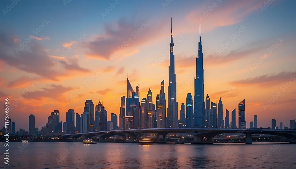 Obraz premium Dubai Skyline Sunset Cityscape Dramatic View
