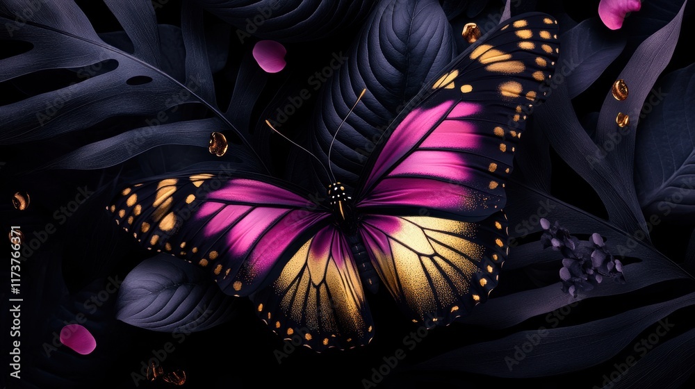 Fototapeta premium butterfly ecosystem wildlife, a vivid image capturing a magenta and gold butterfly enjoying nectar from an exotic flower amidst radiant tropical surroundings