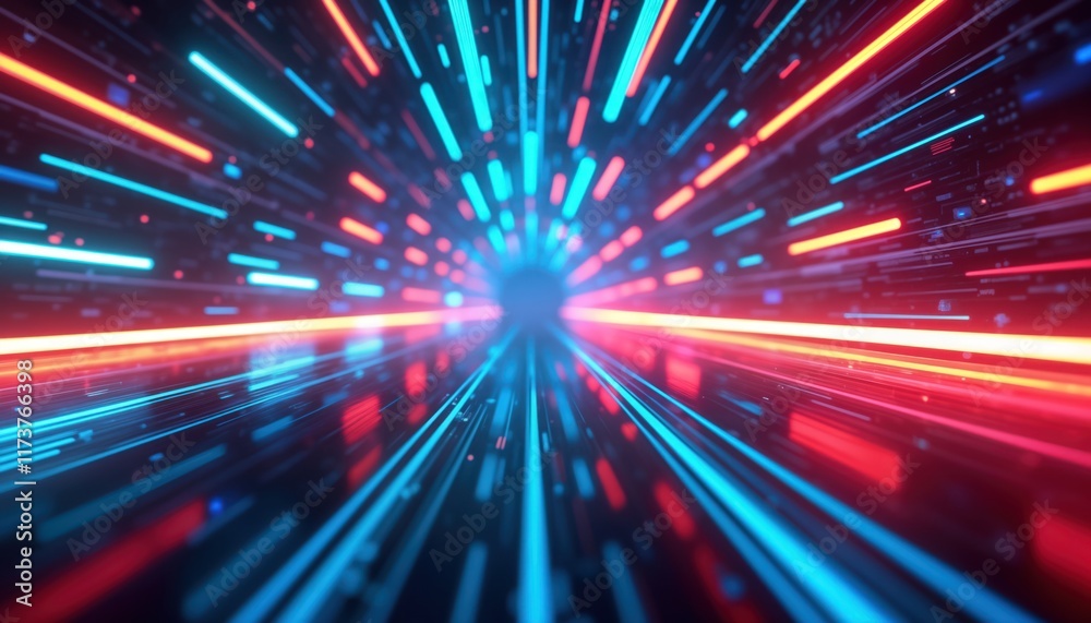 Fototapeta premium Abstract futuristic tech scene with fast glowing neon light lines. Empty space with reflection. Cyberpunk style interior design. Dynamic, vibrant background. High speed motion effect. Suitable for
