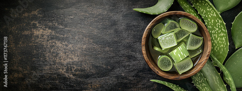 Cut aloe vera stems and translucent gel pieces arranged in a wooden bowl on a dark rustic background, perfect for natural skincare and wellness themes.