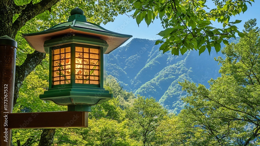 Serene Green Lantern in Mountain Landscape Serene Green Lantern in Mountain Landscape