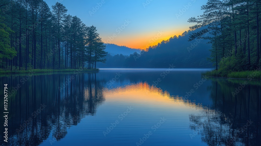 Obraz premium Serene lake at dawn surrounded by trees and mountains, reflecting calm waters.