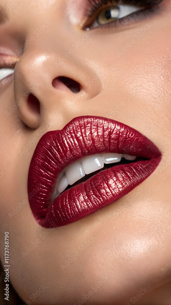 Obraz premium Close-up of feminine lips painted with glossy, deep red lipstick. The bold and vibrant shade radiates confidence and luxury, embodying the Cherry Coded 2025 beauty trend.