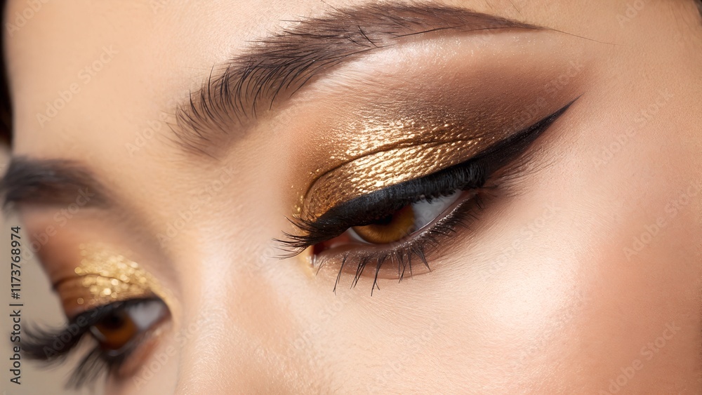 Naklejka premium Close-up of an Asian feminine eye adorned with shimmering gold eyeshadow and sharp black eyeliner. The metallic tones create a bold and luxurious look, reflecting the Goddess Complex 2025 beauty trend