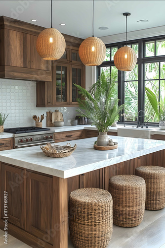 coastal kitchen design walnut cabinet with white marble countertop calacata slim shaker cabinets pendant lighting rattan Miami house morning glow photorealistic fujifi