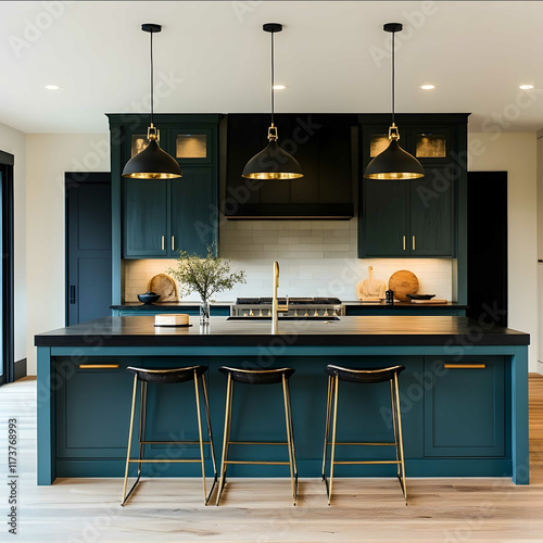 editorial photo of a kitchen with oak flooring a large island the cabinets painted dark teal black countertops gold and black hardware on the cabinets and gold and bla photo