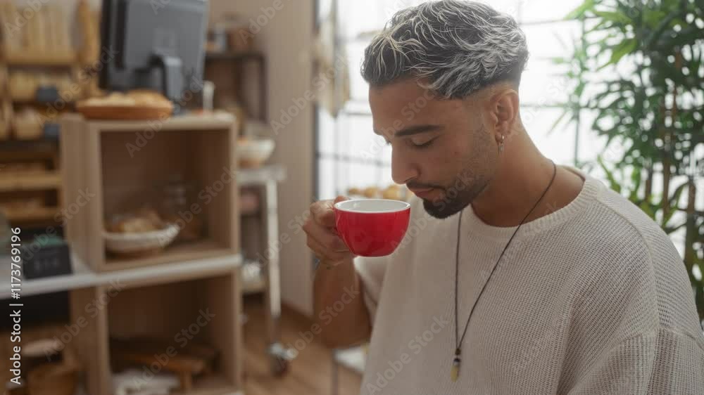 Young man enjoying coffee in a cozy bakery with wooden shelves and pastries in the background Young man enjoying coffee in a cozy bakery with wooden shelves and pastries in the background