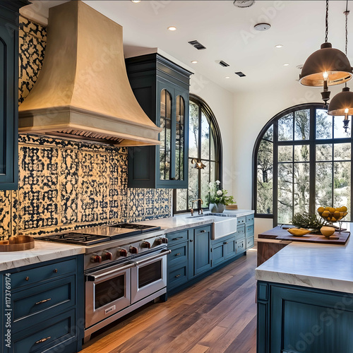 A sophisticated Spanish Revival kitchen with dark teal cabinets wide plank wood floors a large plaster vent hood arched windows detailed mosaic tiles on the backsplash photo