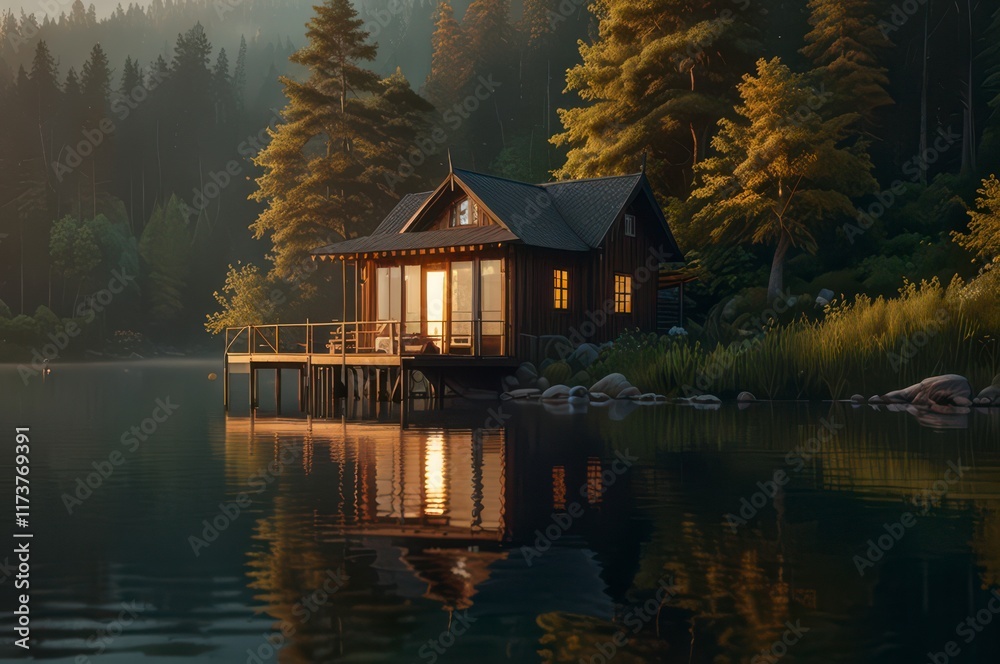 Fototapeta premium Serene lake house wooden cabin