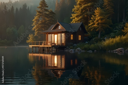 Serene lake house wooden cabin photo