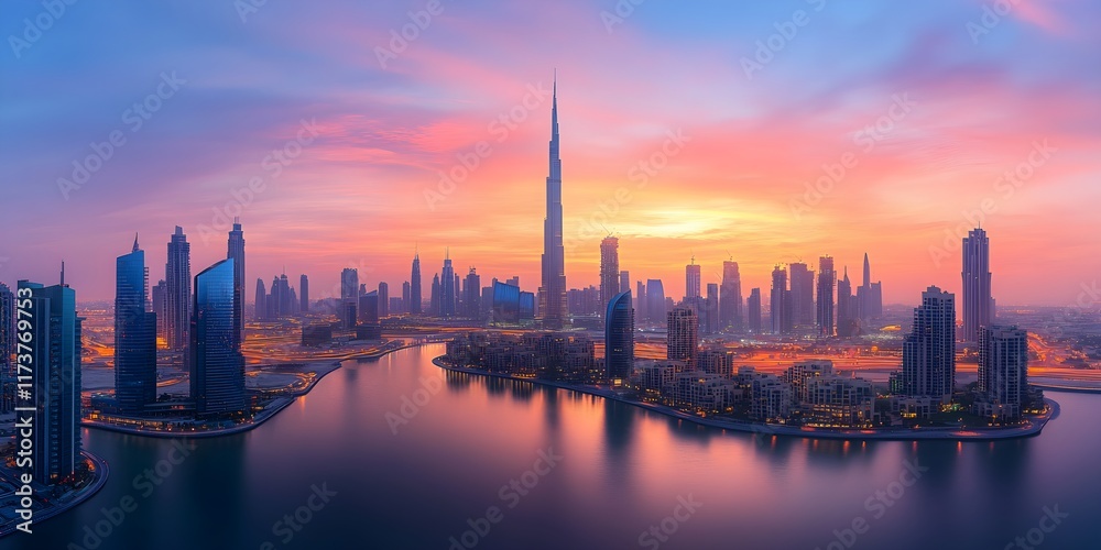 Obraz premium Sunrise Over Modern City Skyline - Generative AI