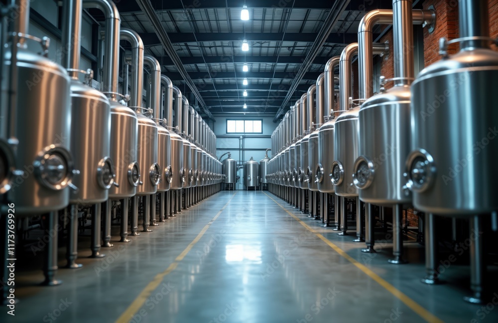 Obraz premium Modern brewery factory interior. Rows of shiny stainless steel fermentation vats, boiler tanks line spacious hall. Industrial equipment for beer production. Modern drink manufacturing. Clean,