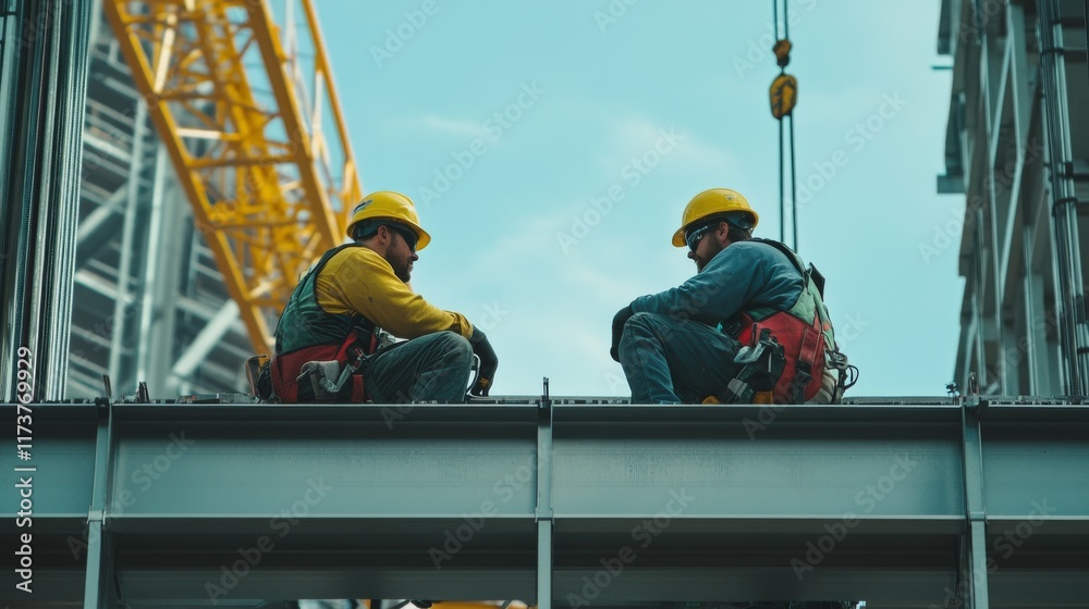 Close-up of two construction workers sitting on a steel beam, with cranes and a construction site in the background Close-up of two construction workers sitting on a steel beam, with cranes and a construction site in the background