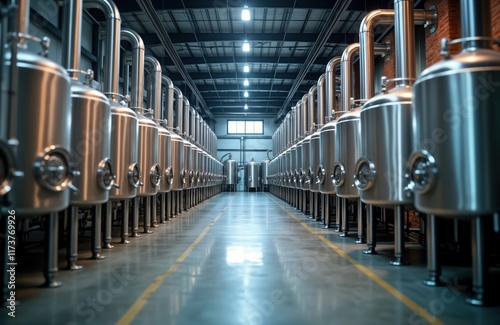 Modern brewery factory interior. Rows of shiny stainless steel fermentation vats, boiler tanks line spacious hall. Industrial equipment for beer production. Modern drink manufacturing. Clean,